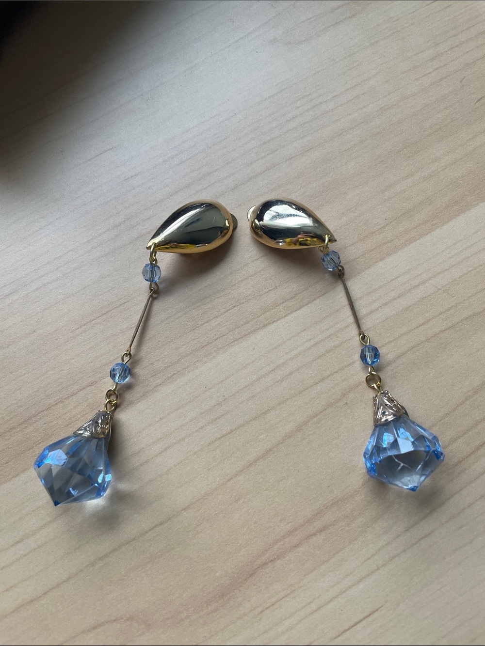 Gold and Light Blue Drop CLIPON Earrings - Women Jewelry